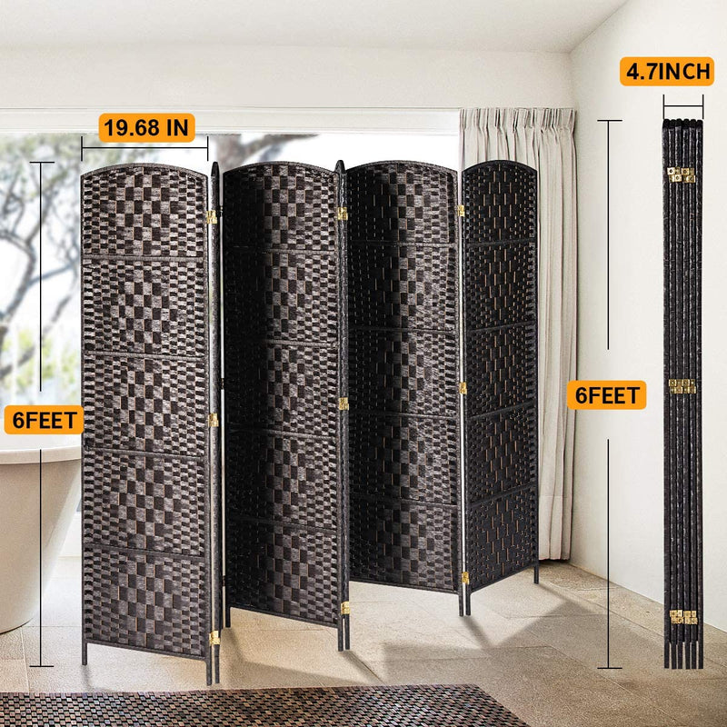 Wooden Room Divider Weave Fiber Room Separator Screen Double Hinged Folding Privacy Screens 6 Panels