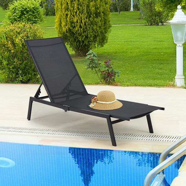 Patio Adjustable Lounge Chair Recliner with Wheels - Black
