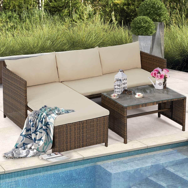 3 Pcs Outdoor Rattan Sofa Set, Patio Garden Furniture Set with Lounge Chaise, Coffee Table, Brown