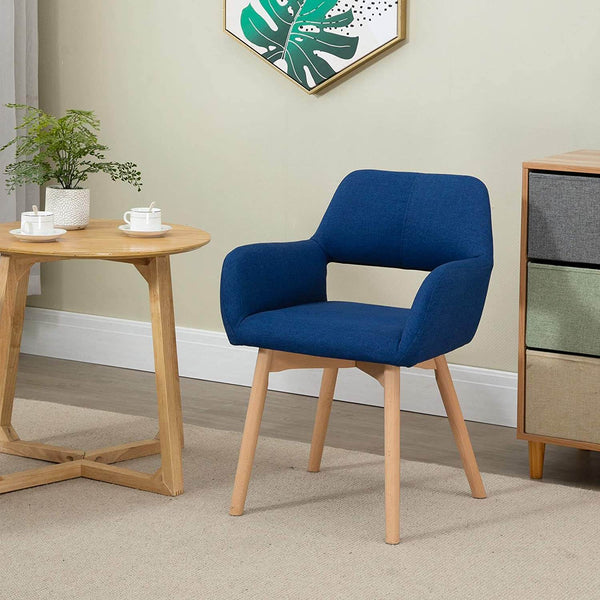 Modern Living Dining Room Accent Arm Chairs, Fabric Mid-Century Upholstered Seat with Solid Wood Legs, Blue