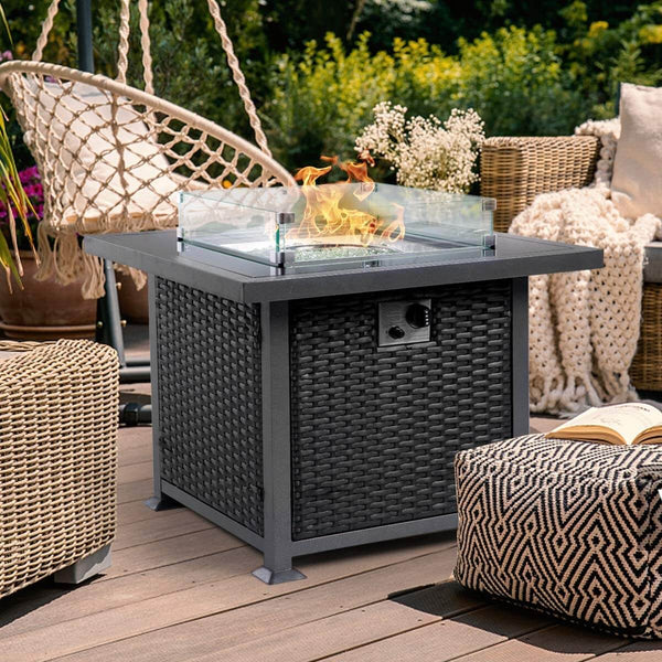 32'' Propane Gas Fire Pits Table, Auto-Ignition Gas Firepit with Glass Wind Guard, Black Tempered Glass Tabletop & Glass Rock, Black PE Rattan