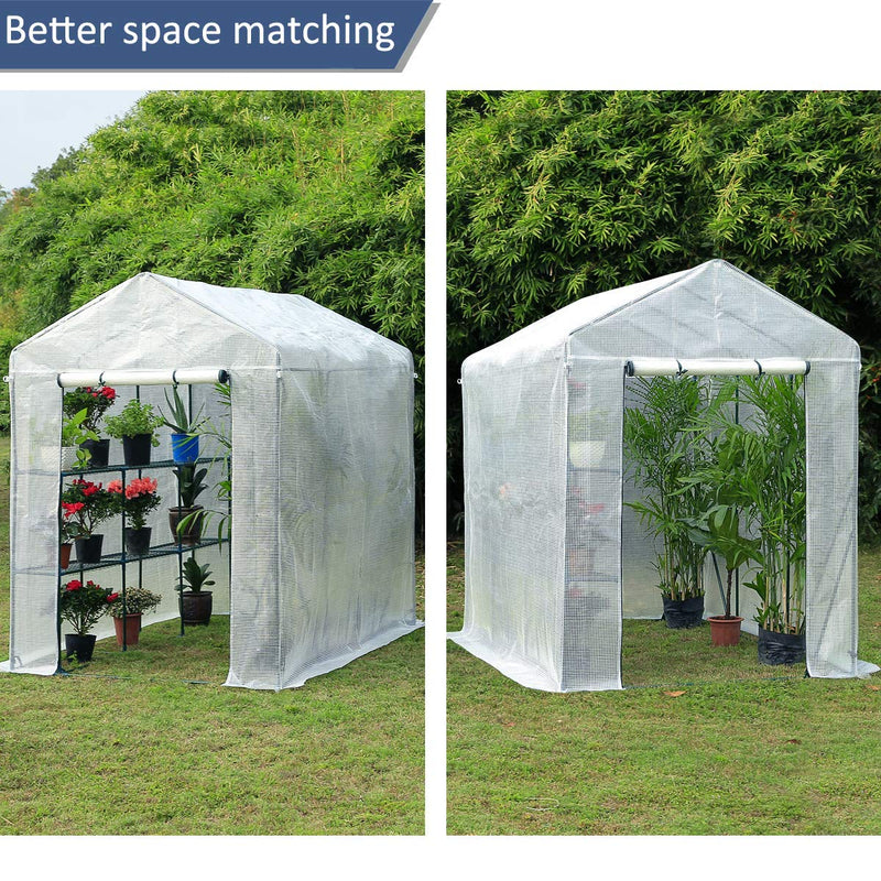 Walk-in Greenhouse, Plant Garden Greenhouse Indoor Outdoor , 2 Tier 6 Shelves Hot House for Flowers, Plants and Vegetables 56"x 84" x 77" White