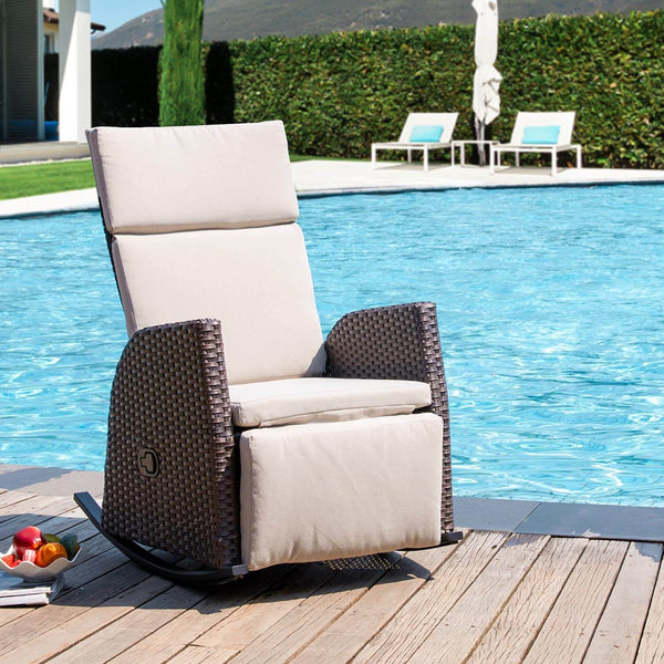 Outdoor Rocking Recliner Wicker Sofa Chair Adjustable Recliner Lounger with Thicken Cushion