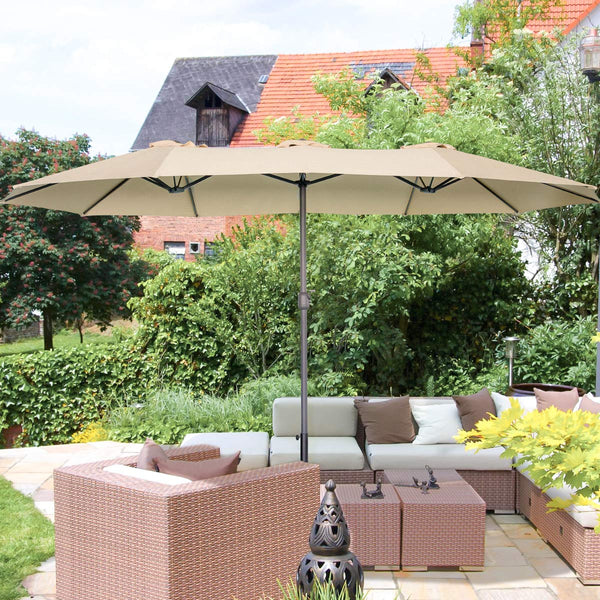 15x9ft Double-Sided Patio Umbrella, Large Market Sunbrella Table Umbrellas with Crank Air Vents (Beige)