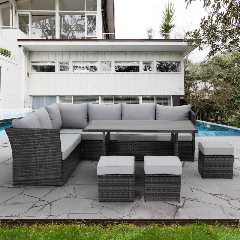 7 Pcs Patio Rattan Dining Sets Outdoor Sectional Sofas with Ottoman