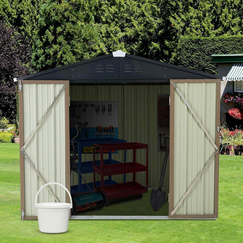 8' x 6' Outdoor Metal Storage Shed, Steel Garden Backyard Sheds with Double Door & Lock, Utility Tool Storage, Gray and Black