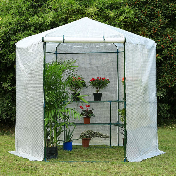 7.5FT Portable Greenhouse 3-Tier Shelf Hexagonal Walk-in Green House Kit,Plant Hot House, White