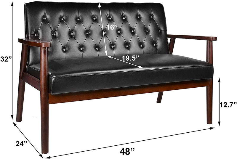 Mid-Century Accent Chair Retro Faux Leather Upholstered Wooden Lounge Chair Black Set