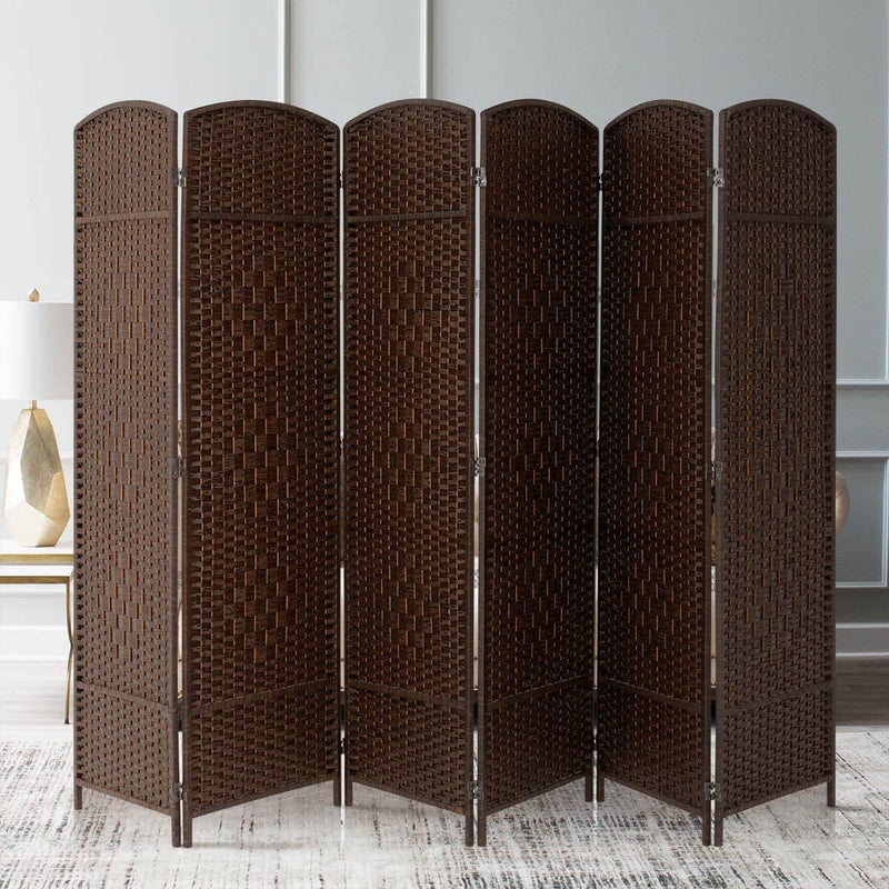 6 Panels Room Divider, 6 FT Tall Weave Fiber Room Divider, Double Hinged,Folding Privacy Screens, Freestanding Room Dividers, Coffee