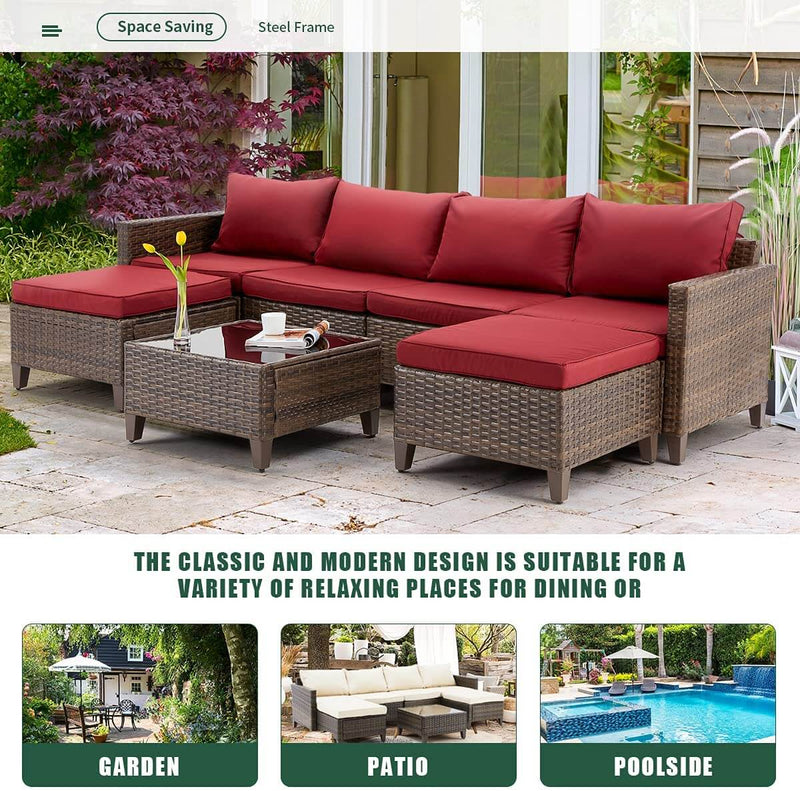 7 Pcs Outdoor Rattan Sectional Sofa Patio Furniture Set w/ Ottomans, Red Cushion & Tea Table
