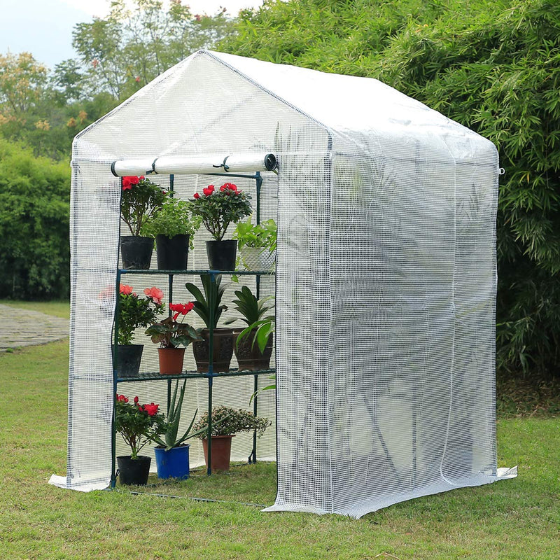 Walk-in Greenhouse, Indoor Outdoor Plant Gardening, 2 Tier 4 Shelves Hot House for Flowers, Plants and Vegetables 56"x 56" x 77" White