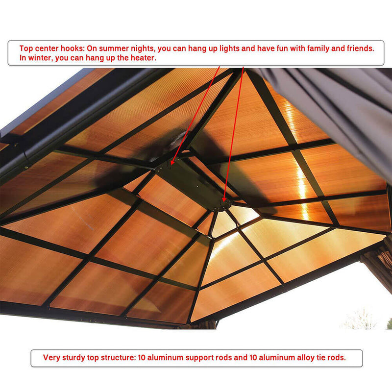 Patio Hardtop Gazebo, 10 x 13ft Double Roof Gazebos Aluminum Gazebo with Netting & Curtains