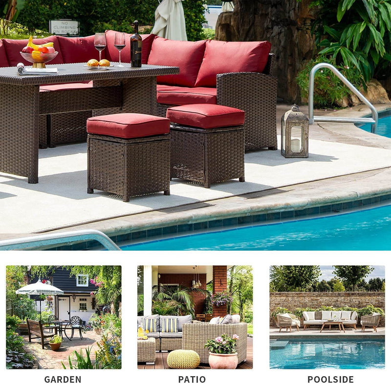 7 Pcs Patio Dining Set All Weather Outdoor Sectional Furniture w/ Ottoman, Red Cushion