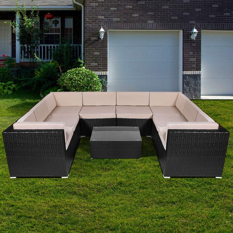 9 Pieces Patio PE Rattan Wicker Sofa Set Outdoor Sectional Furniture Conversation Chair Set with Cushions and Tea Table Black