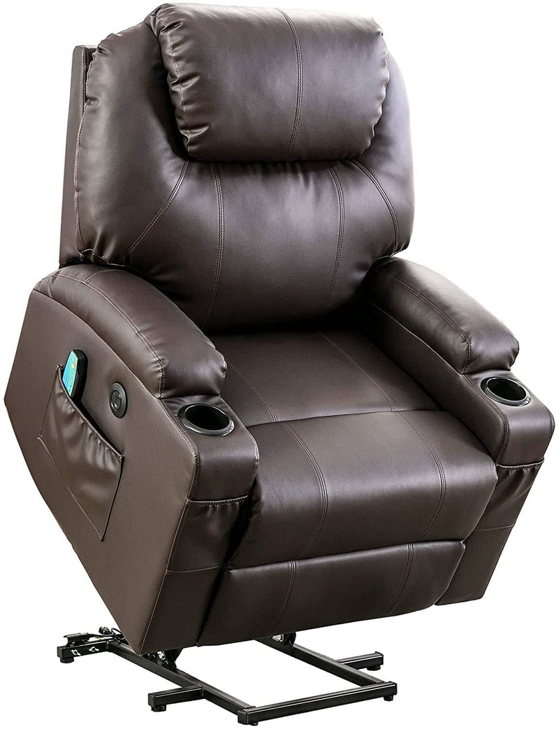 Power Lift Recliner Chair with Massage & Heat for Elderly, Leather Electric Recliner with 4 Side Pockets, Cup Holders & USB Port (Brown)