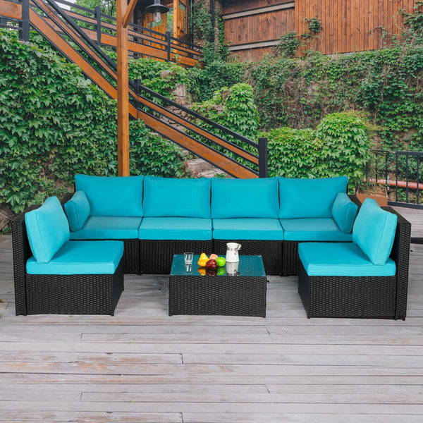 7 Pcs Outdoor Sectional Rattan Furniture Set, Patio Conversation Sets Wicker Sofa Set with Blue Cushion