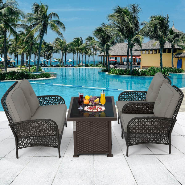 4 Pcs Outdoor Patio Furniture Sets Rattan Sofa Chair Wicker Set, Deck Furniture Set with Firepit Table, Brown