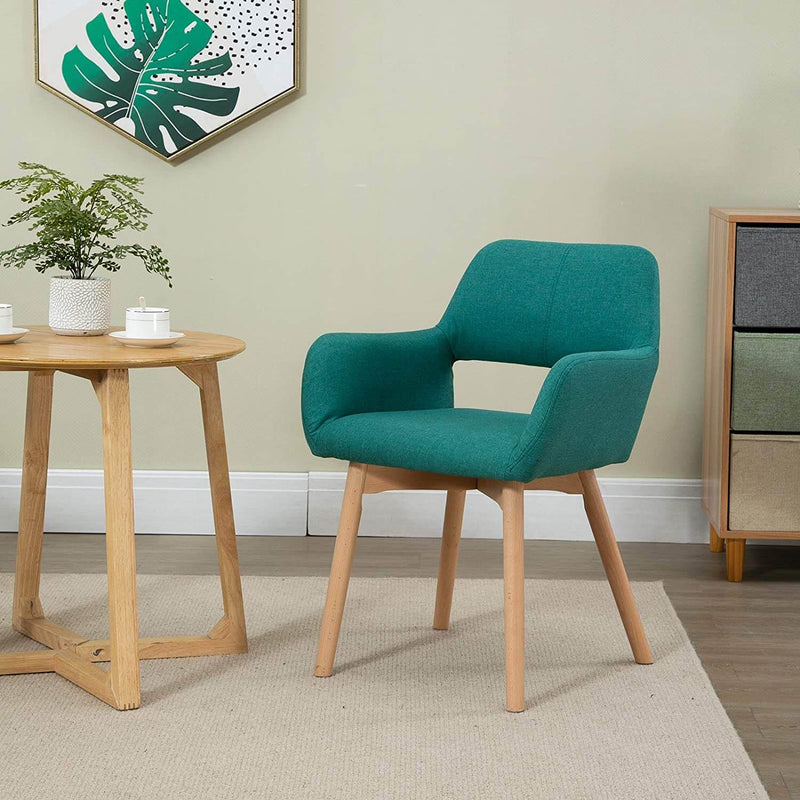 Modern Living Dining Room Accent Arm Chairs, Fabric Mid-Century Upholstered Seat with Solid Wood Legs, Green