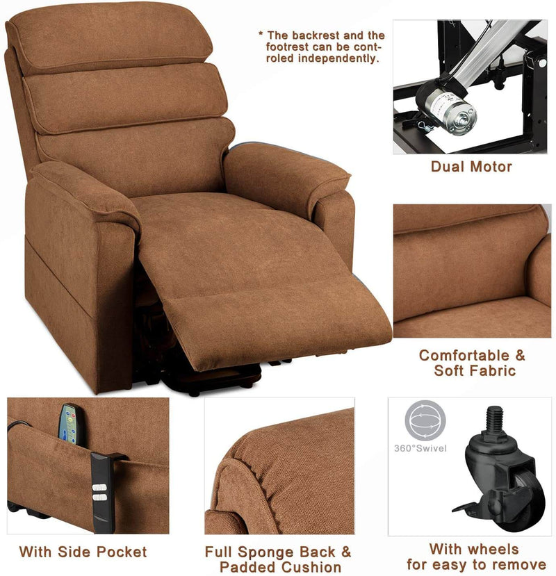 Dual Motor Electric Power Recliner Lift Chair Linen Fabric Electric Recliner for Elderly, Heated Vibration Massage Sofa with Side Pockets & Remote Control, Brown