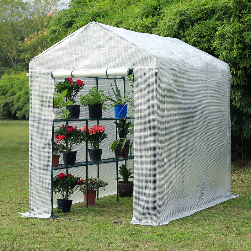 Walk-in Greenhouse, Plant Garden Greenhouse Indoor Outdoor , 2 Tier 6 Shelves Hot House for Flowers, Plants and Vegetables 56"x 84" x 77" White
