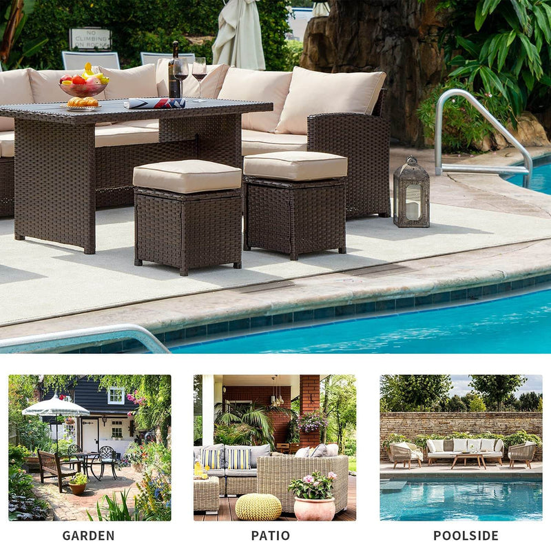 7 Pcs Patio Sectional Dining Set All Weather Outdoor Rattan Furniture w/ Ottoman, Cushion