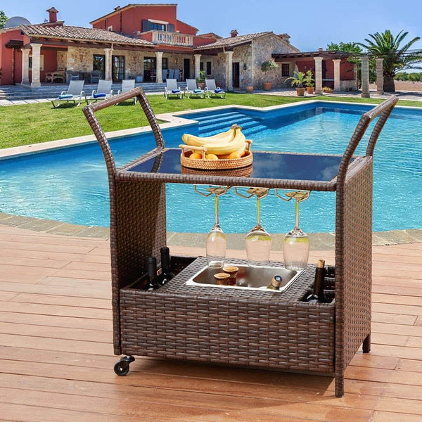 Outdoor Wicker Bar Cart Patio Serving Counter Table w/ Removable 12L Ice bucket, Glass Top, Wine Rack & Wheels