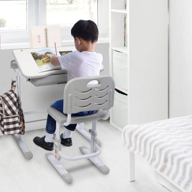 Lifting Table Can Tilt Children Learning Table and Chair Gray with Reading Stand