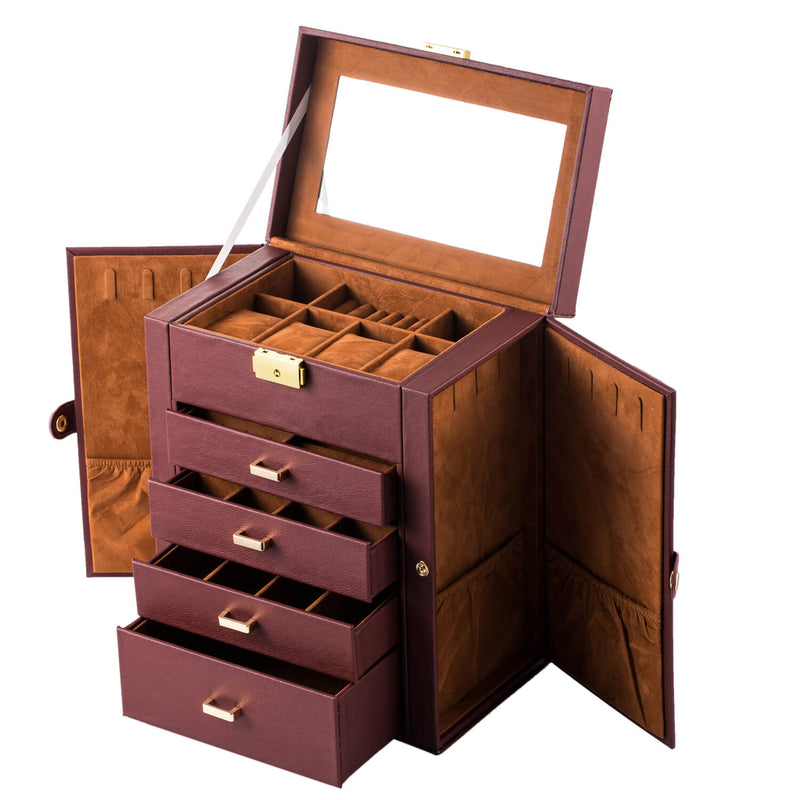 Synthetic Leather Huge Jewelry Box Mirrored Watch Organizer Storage Lockable Gift Case Brown