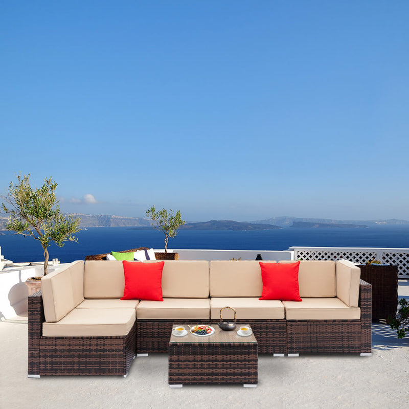 6 Pieces Sectional Rattan Sofa Set with 2pcs Corner Sofas & 3pcs Single Sofas & 1 pcs Coffee Table Brown Gradient