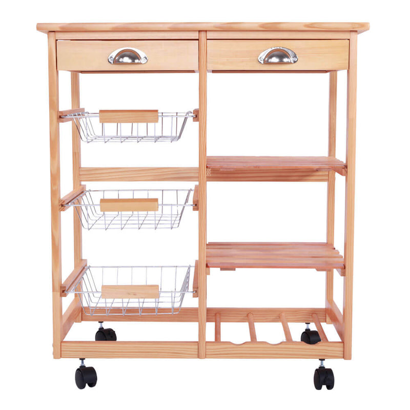 Kitchen & Dining Room Cart 2-Drawer Removable Storage Rack with Rolling Wheels Wood Color