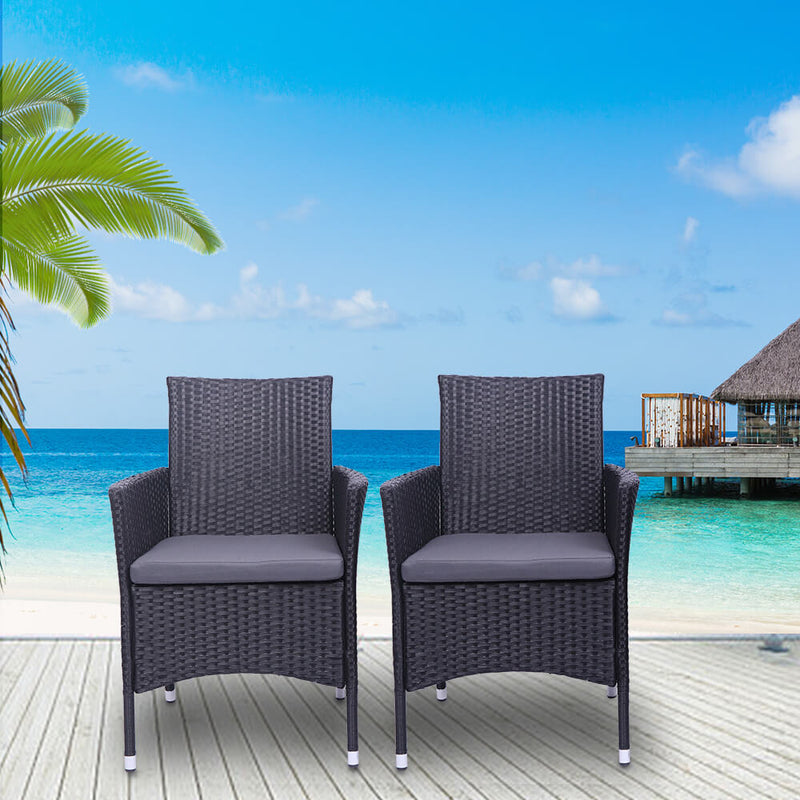 2-Piece Single Backrest Patio Dining Chairs, Rattan Sofa Conversation Set with Cushions, Black