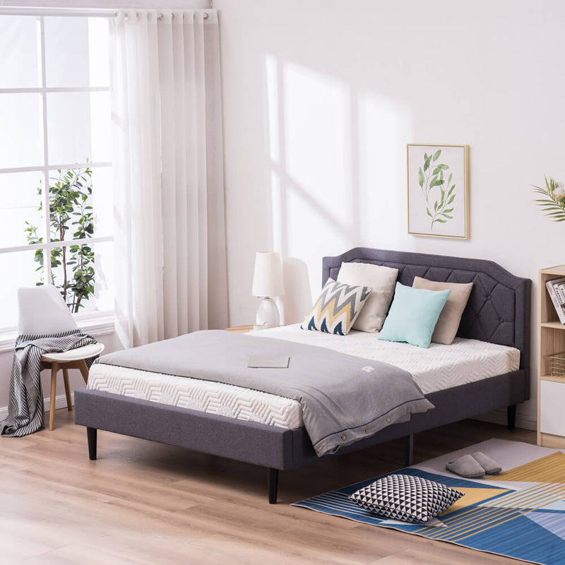 Upholstered Platform Bed Frame with Diamond Buckle Decoration In Gray, Queen