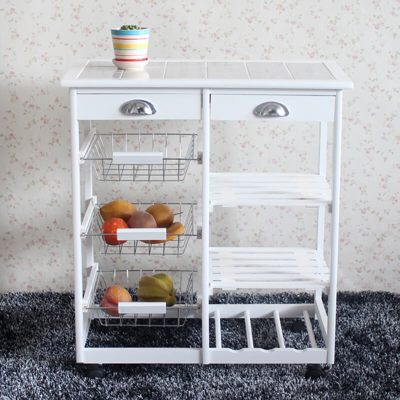 Kitchen & Dining Room Cart 2-Drawer 3-Basket 3-Shelf Storage Rack with Rolling Wheels White