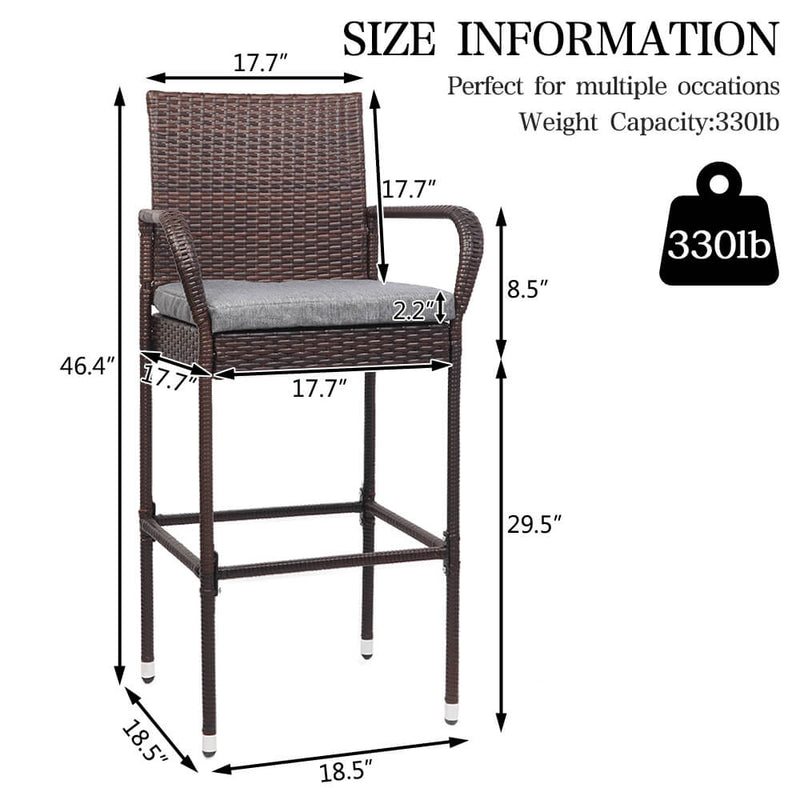 2 Pieces Rattan Bar Chair Patio Stool With Cushion Brown