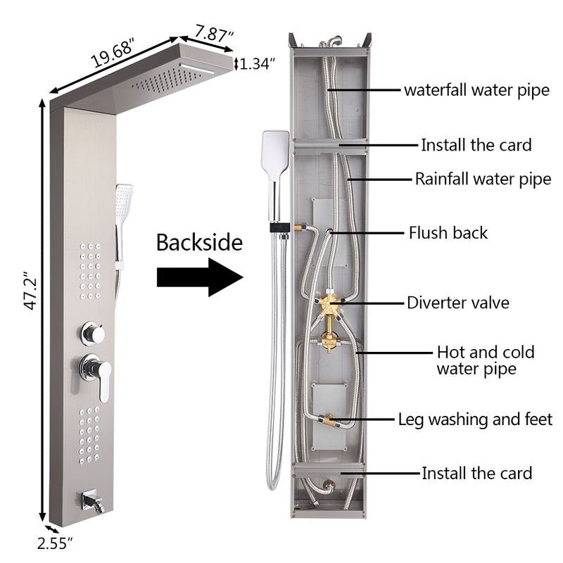 Shower System Shower Panel Stainless Steel Multi-Function Silver 18 Holes 48 inch