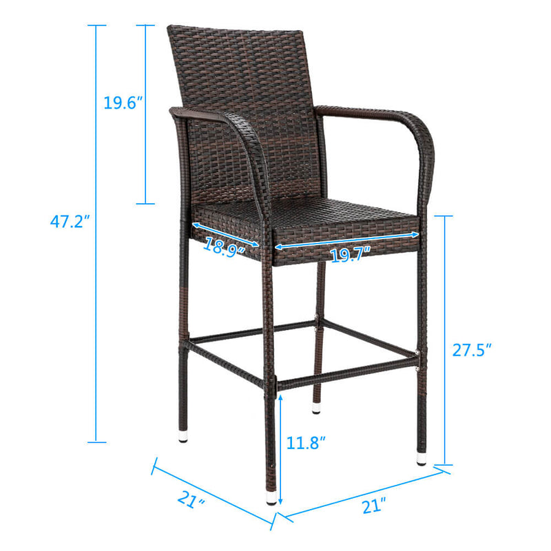 2-Piece Outdoor PE Rattan Wicker Chairs, High Bar Stool Chair, Patio Furniture Set with Armrest and Footrest, Brown