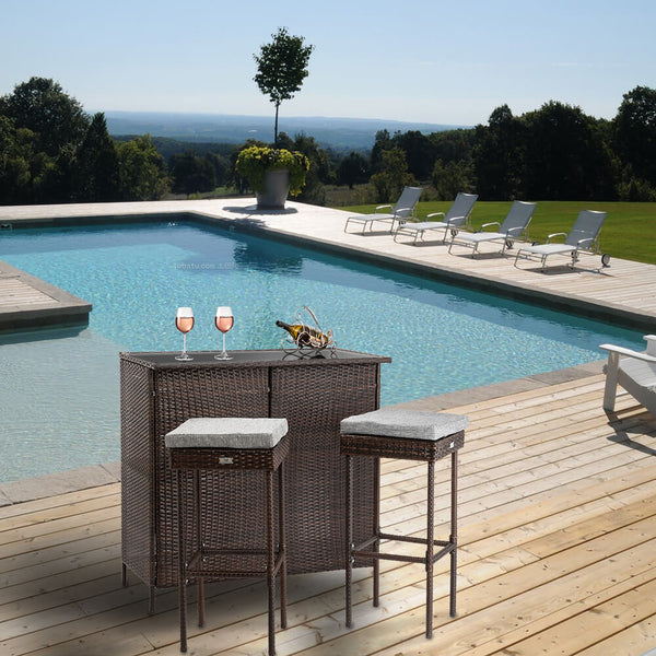 Outdoor 3 Pieces Brown Wicker Bar Set Glass Bar and Two Stools with Cushions