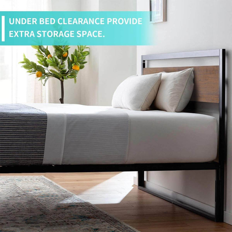 Queen Bed Frame with Wooden Headboard,Platform Metal Bed Frame with Footboard