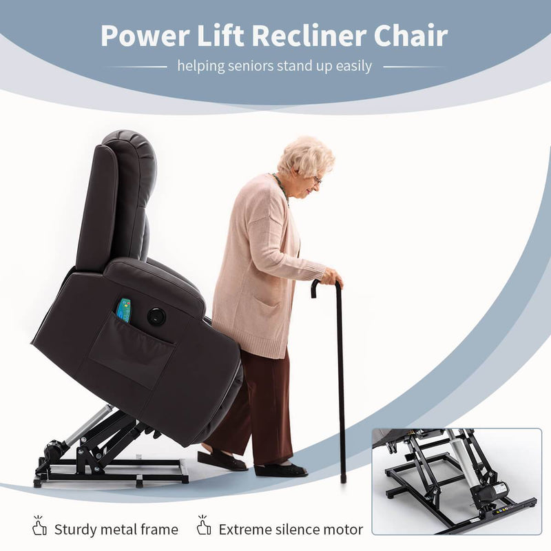 Power Lift Recliner Chair with Massage & Heat for Elderly, PU Leather Electric Recliner with 2 Side Pockets, Cup Holders & USB Port (Brown)