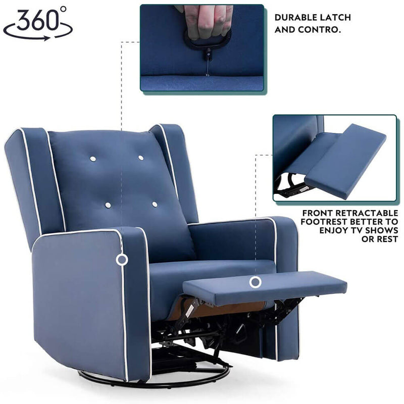 360-Degree Swivel Gliding Recliner,Leathaire Upholstered Recliner Blue