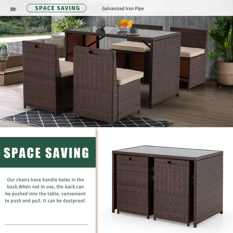 5 Pcs Outdoor Sectional Dining Set Rattan Table & Chairs w/ Seat Cushion, Glass Tabletop