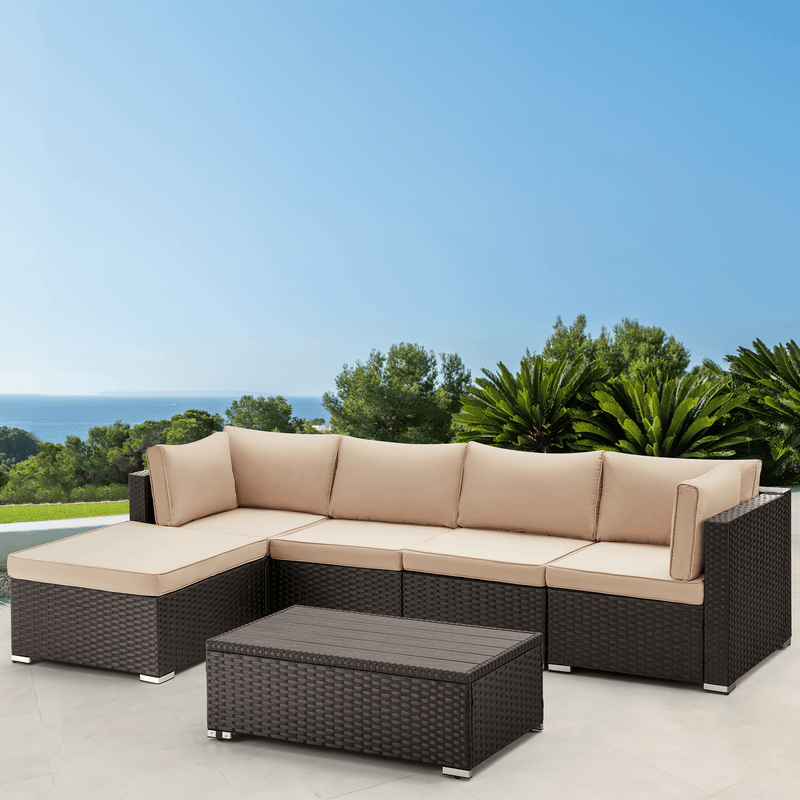 6 Pcs Outdoor Rattan Sectional Sofa All Weather Patio Furniture Set w/ Beige Cushion & Coffee Table
