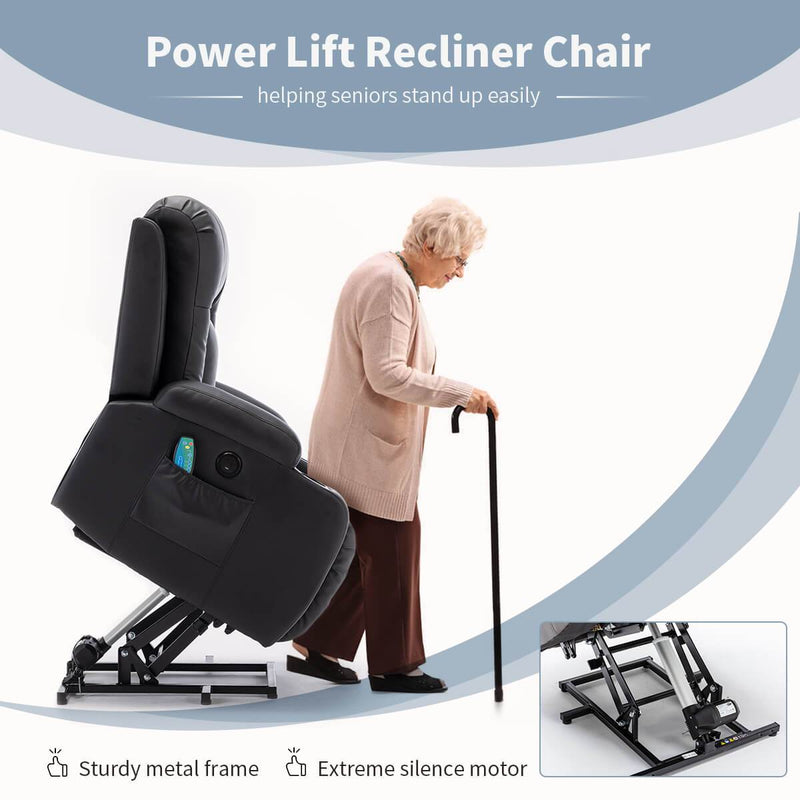 Power Lift Recliner Chair with Massage & Heat for Elderly, PU Leather Electric Recliner with 2 Side Pockets, Cup Holders & USB Port (Black)