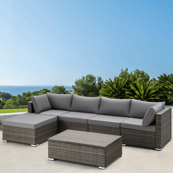 6 Pcs Outdoor Rattan Sectional Sofa All Weather Patio Furniture Set w/ Gray Cushion & Coffee Table