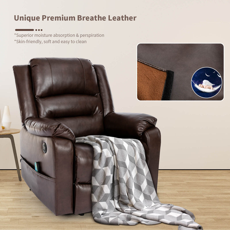 Power Lift Recliner Chair with Massage & Heat for Elderly, Breathe Leather Electric Recliner with 2 Side Pocket & USB Port (Brown)