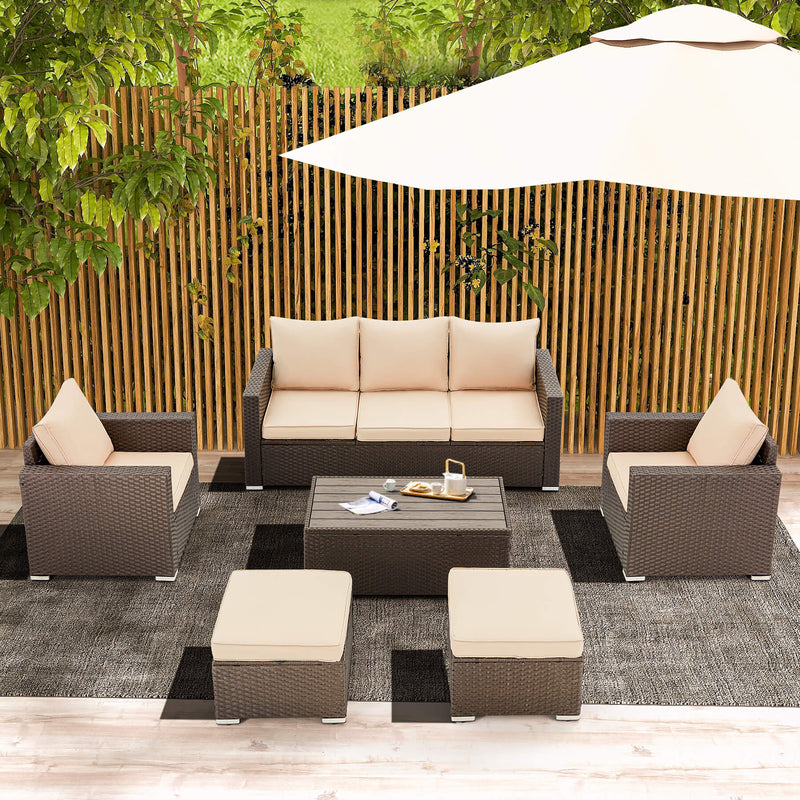 6 Pieces Weaving Wicker Rattan Sofa with Coffee Table,Outdoor Set Furniture Khaki