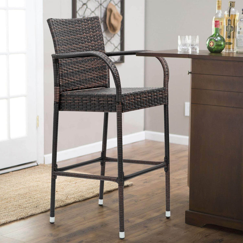 2-Piece Outdoor PE Rattan Wicker Chairs, High Bar Stool Chair, Patio Furniture Set with Armrest and Footrest, Brown