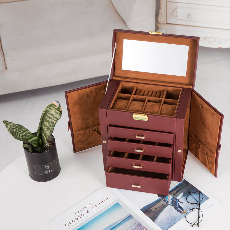 Synthetic Leather Huge Jewelry Box Mirrored Watch Organizer Storage Lockable Gift Case Brown