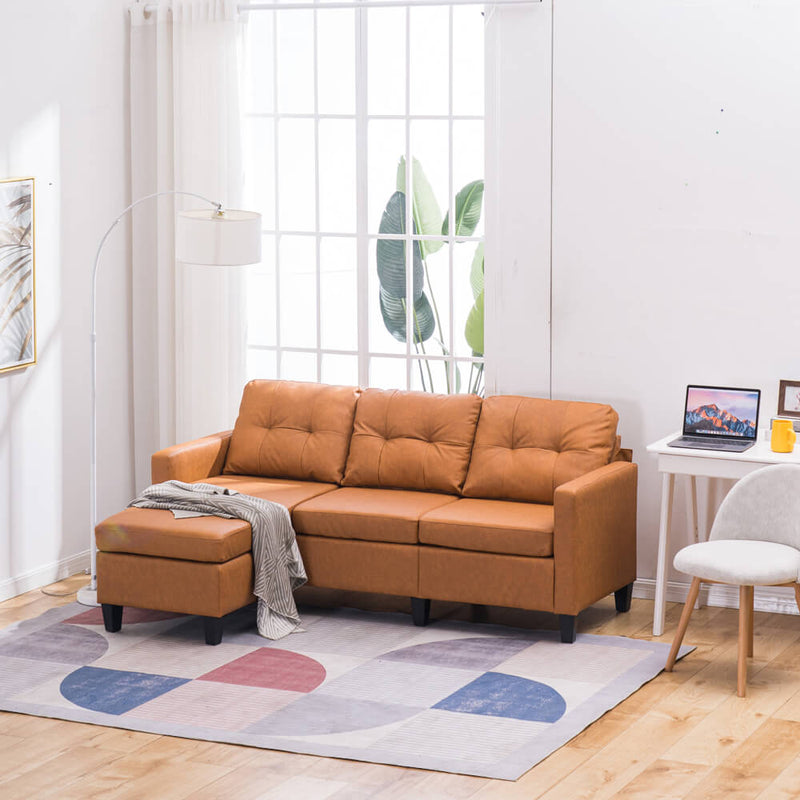 Convertible Sectional Sofa Couch, L-Shaped Couch with Modern PU Leather for Small Space, Light Brown