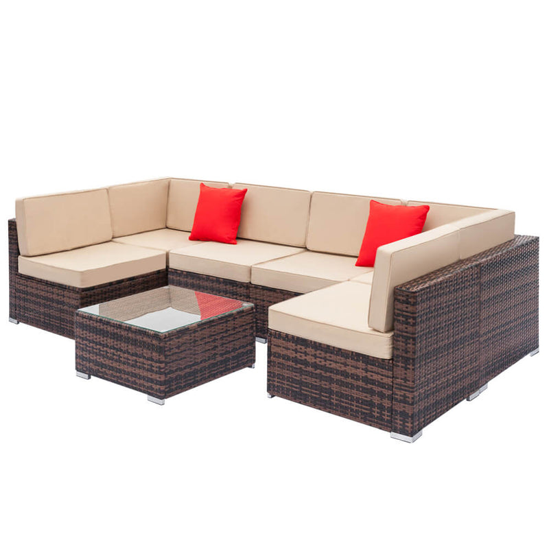 7 Pieces Sectional Rattan Sofa Set with 2pcs Corner Sofas & 4pcs Single Sofas & 1 pcs Coffee Table Brown Gradient